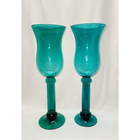 Tall blown glass teal candle holders 14.75" - Picture 1 of 11